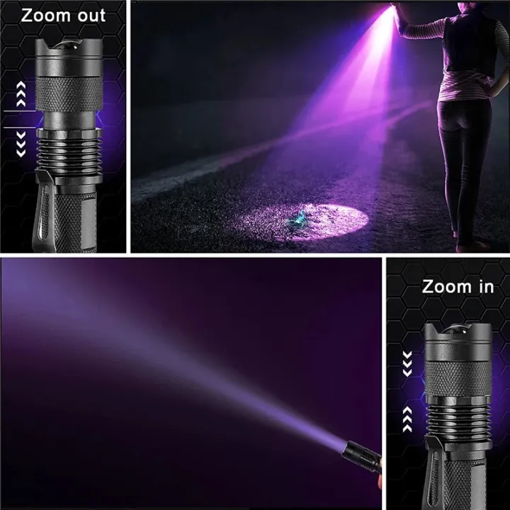 LED UV Flashlight 365/395nm Portable Mini Ultraviolet Torch Waterproof Zoomable Violet Light Pet Urine Scorpion Detector UV Lamp image 4