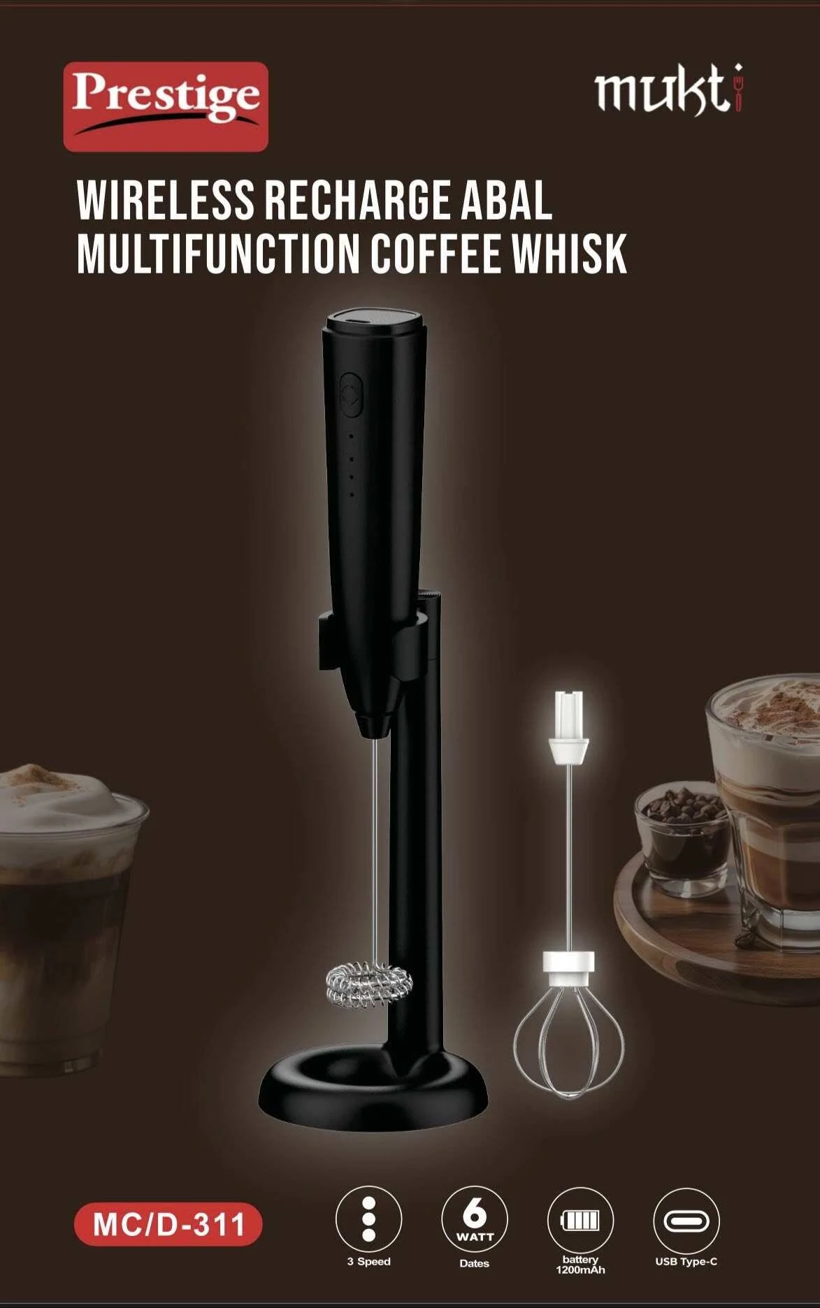 Prestige Electric Milk Frother Handheld Mixer Foamer Coffee Maker Black image 5