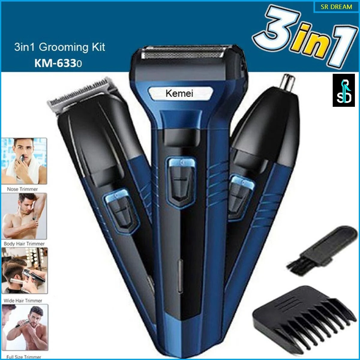 Kemei KM 6330 3 in 1 Professional Hair Trimmer Super Grooming Kit Shaver Clipper Nose Trimmer