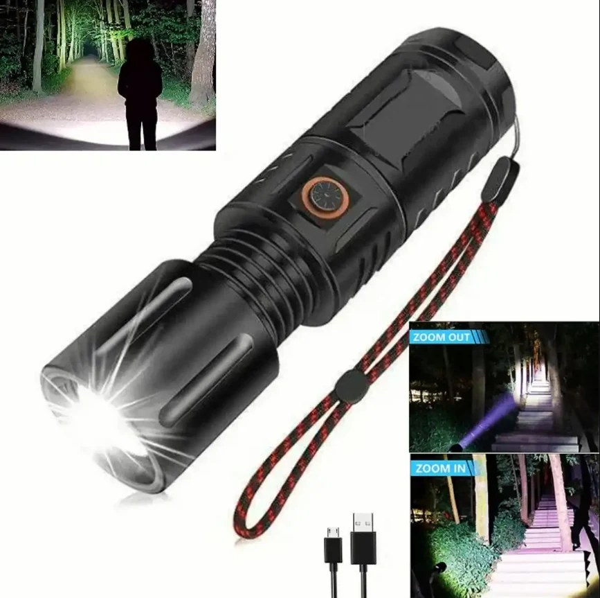 T40 High Power Zoomable LED Flashlight USB Rechargeable