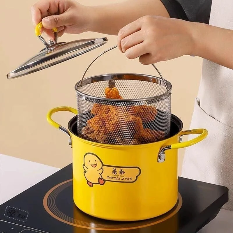 2L Deep Fryer Pot with Strainer Basket Yellow