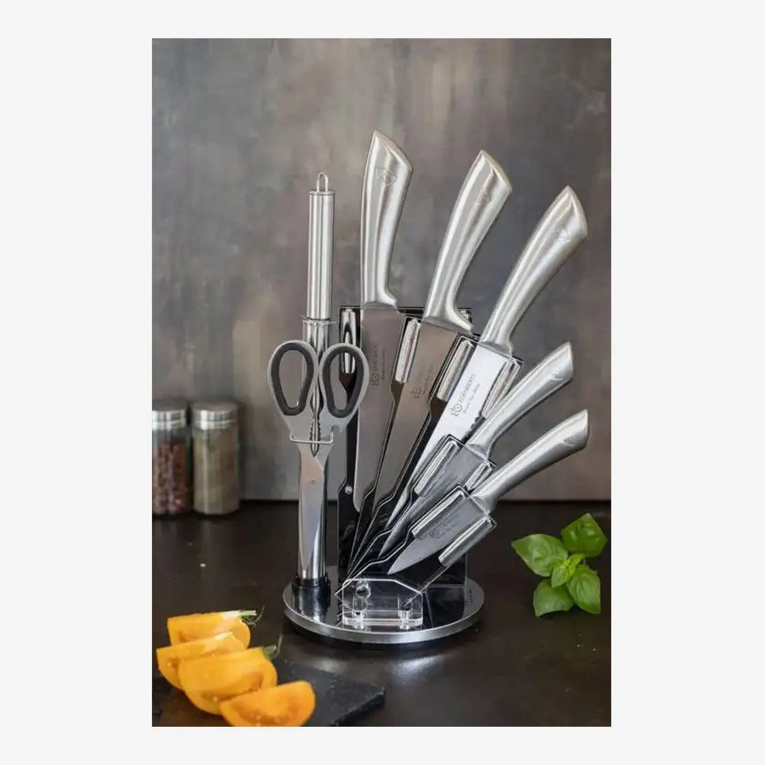Stainless Steel Premium 8 Pcs Kitchen Knife Set with Rotating Black Stand