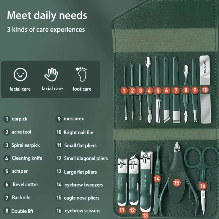 16pcs Stainless Steel Nail Cutter Set with Folding PU Bag image 5